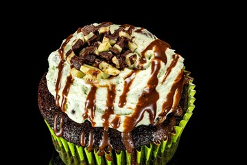 Closeup shot of a homemade baked cupcake placed on a black reflective surface