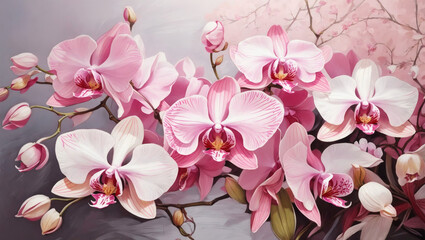 Tranquil floral background with elegant orchids in shades of pink and white, painted with precision in oil.