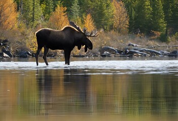 AI generated illustration of a majestic moose wading in water surrounded by lush forest