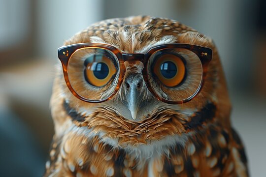 AI generated illustration of an owl with glasses perched on a chair's back
