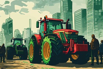 Farmers strike in city. People on strike protesting protests against green order and politics, tax increases, abolition of benefits by standing next to tractors on big city.
