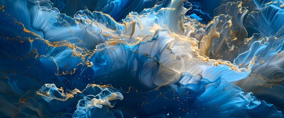 Golden waves intermingle with cobalt blue, forming a dynamic dance of colors on a liquid canvas.