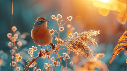 a bird is perched on some grass by itself in the sun - obrazy, fototapety, plakaty