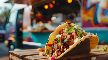 a close up of a taco sitting on top of a wooden crate - obrazy, fototapety, plakaty