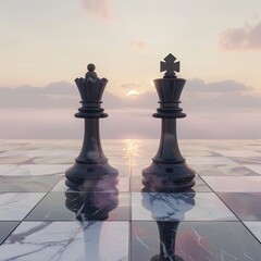 two chess pieces on a marble chess board at sunset time - obrazy, fototapety, plakaty