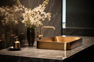 An elegant bathroom showcasing a copper sink, marble countertop, and a sophisticated floral arrangement for a touch of luxury..