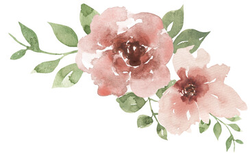 Watercolor pink flowers and greenery flowers border, garden florals bouquet illustration - 783635837