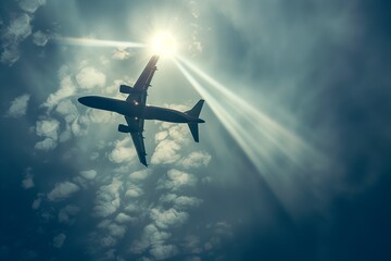 AI-generated illustration of an airplane flying in the sky with sunlight backlight - obrazy, fototapety, plakaty