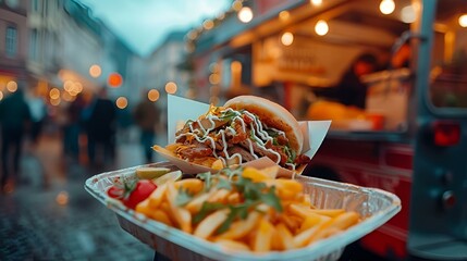 AI-generated illustration of vibrant street food with a food truck in the background - obrazy, fototapety, plakaty