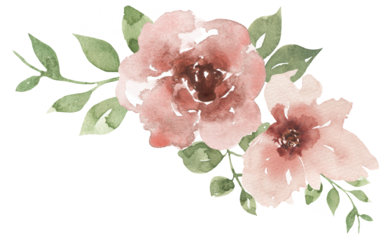 Watercolor pink flowers and greenery flowers border, garden florals bouquet illustration
