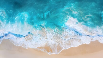 Fototapeta na wymiar Beach, waves in the sea, white sand beach, top view, blue water wave background, light color. For Design, Background, Cover, Poster, Banner, PPT, KV design, Wallpaper