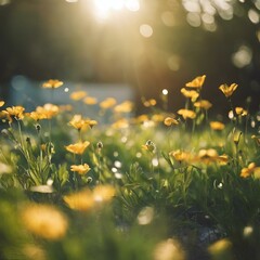 AI generated illustration of a sunlight illuminating yellow flowers in the grass at sunset