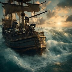 AI generated illustration of a ship with skull figureheads navigating a stormy sea - obrazy, fototapety, plakaty