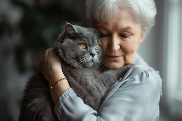 An elegant elderly woman with silver hair lovingly holds her grey feline companion, both exuding a serene and dignified presence