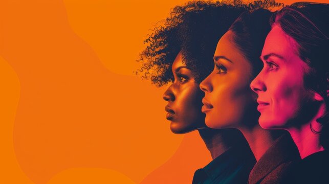 AI generated illustration of three young women gaze at a vibrant orange backdrop - Powered by Adobe