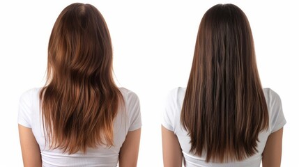 Woman before and after hair treatment isolated on white background