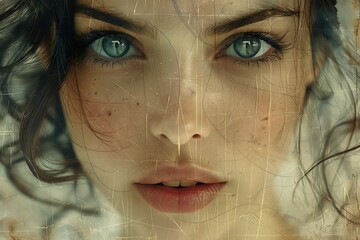 AI generated illustration of a close-up portrait of a woman with striking green eyes