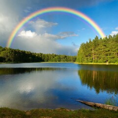 Arc en ciel sur un lac et sous un ciel d'orage