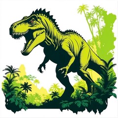 Tyrannosaurus with forest background. Vector logo. World of dinosaurs