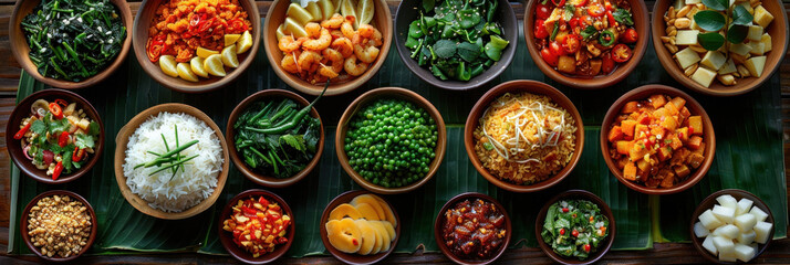 Fototapeta premium A variety of authentic Thai traditional dishes beautifully arranged on green banana leaves.