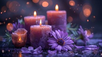 a group of candles with a purple background and a purple flower on the table with petals on the floor