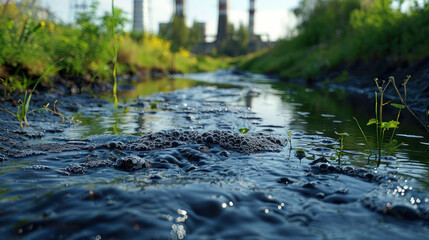 Environmental damage with industrial wastewater flowing into canals and seas, causing water pollution, including sewage outfalls polluting rivers.