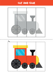 Cut and glue game for kids. Cute cartoon toy train.
