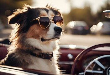 AI-generated illustration of A canine in shades cruises a convertible on the sand near the water - obrazy, fototapety, plakaty