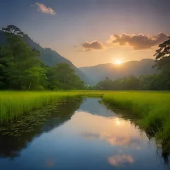 Foto op Canvas AI Illustration of a sunset over a pond in a grassy meadow with a valley and water lilies © Wirestock