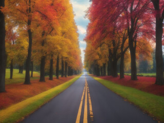 Obraz premium Vertical shot of a road going through beautiful colorful trees captured in day time