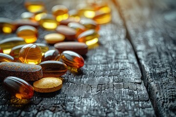 Supplements and vitamins on a wooden table. A harmonious blend of health and aesthetics, as supplements and vitamins create an enchanting tableau on a wooden table.
