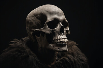 a skeleton in furs looking to the side with a skull like head on it