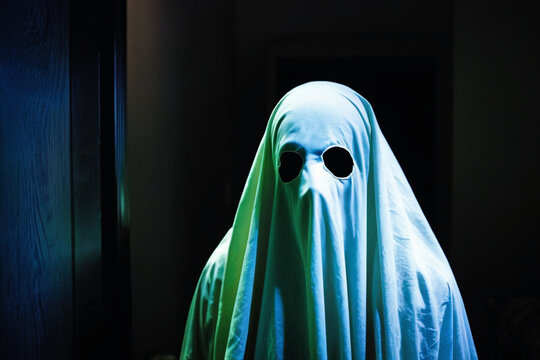 a ghostly person is standing alone in a dark room, with no one looking on