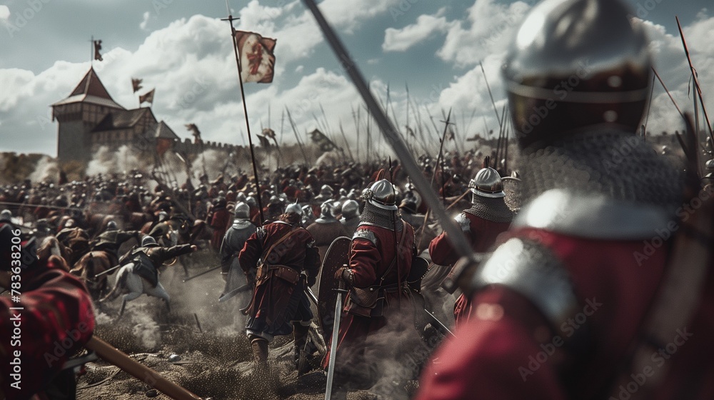 Poster group of men in medieval helmets and armor in the war