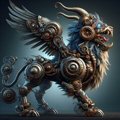 AI illustration of a steampunk creature with glowing eyes and a large winged tail