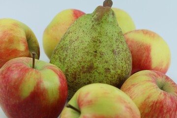 Closeup shot of a group of apples and a pear on a white background.