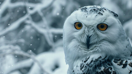 A snowy owls intense gaze against a snow