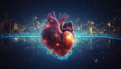 A heart with a red vein and a blue vein is surrounded by a colorful background