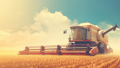 A field of wheat is being harvested by two tractors - obrazy, fototapety, plakaty