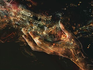 Illustration depicting abstract woman's hands playing music notes against a dark background