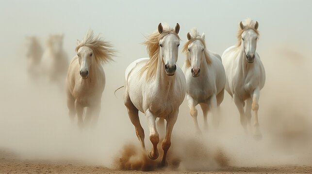 AI generated illustration of white horses gallop on dusty ground in daylight