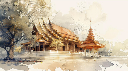 Sketch of Thai Temple in Misty Ambiance - obrazy, fototapety, plakaty