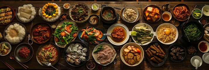 Traditional Korean food, Korean Fried chicken with spicy sauce  with rice, seaweed,fresh raw crabs marinated,spicy Rice Cake and Kimchi pickle on wooden table. - obrazy, fototapety, plakaty