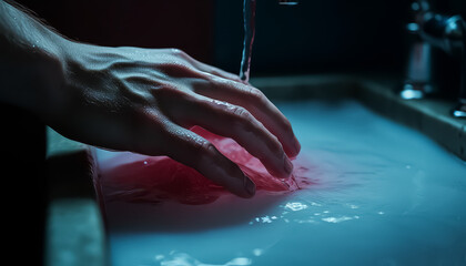 A hand is washing its hands under a faucet