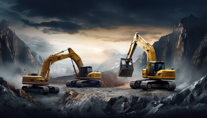 Three yellow construction vehicles are in a rocky area