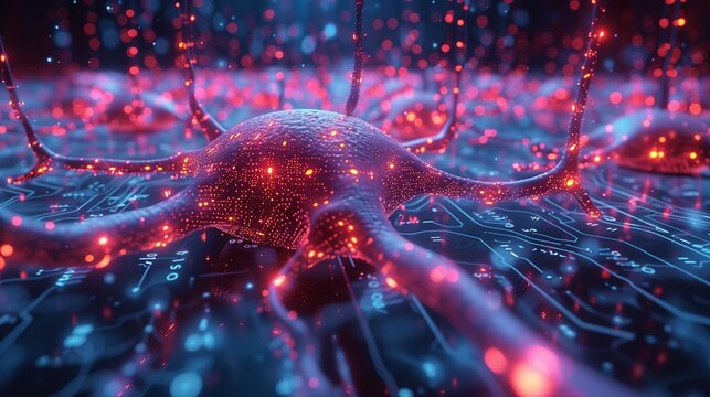 AI generated illustration of blue neuron branching structure synapse on a circuit board