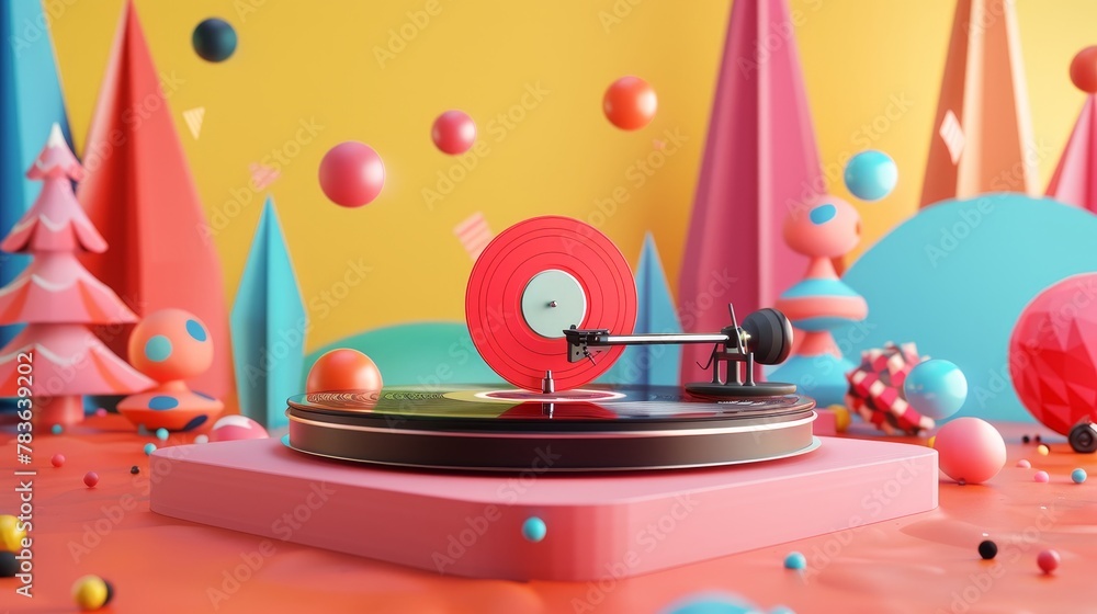 Poster retro record player spinning in a festive scene 3d style isolated flying objects memphis style 3d re