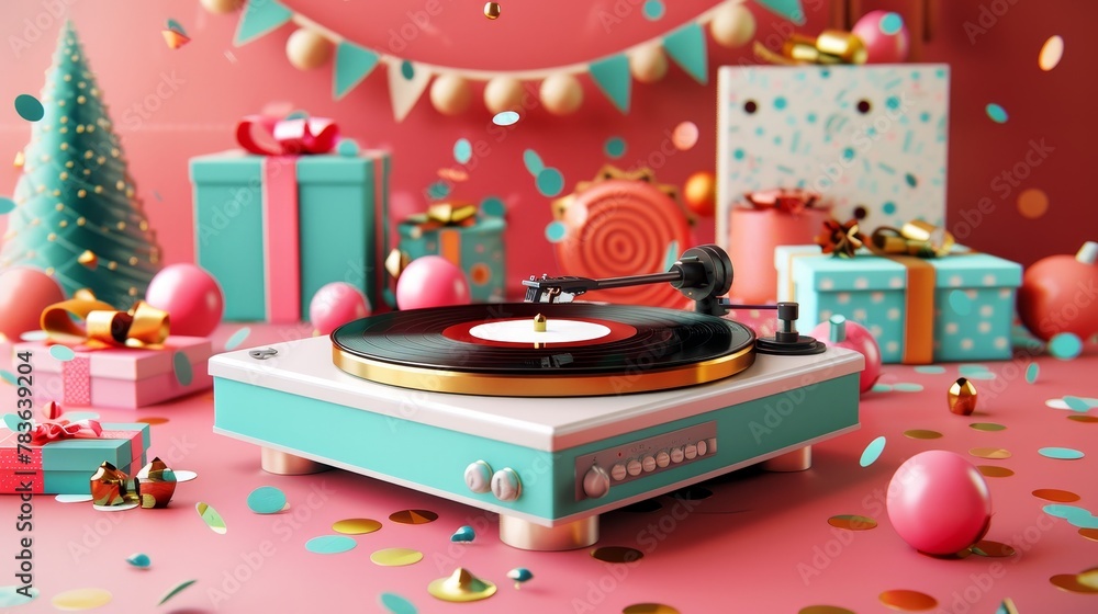 Poster retro record player spinning in a festive scene 3d style isolated flying objects memphis style 3d re