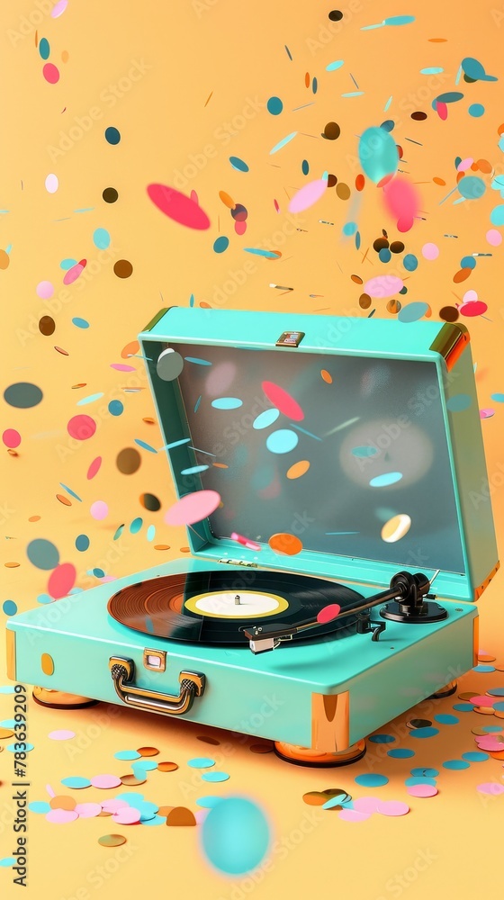 Poster retro record player spinning in a celebration theme 3d style isolated flying objects memphis style 3