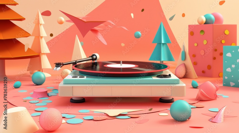 Poster retro record player spinning in a festive scene 3d style isolated flying objects memphis style 3d re